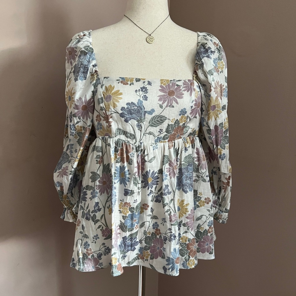 Storia Floral Puff Sleeve Babydoll Top‎ Square Neck Fairy Prairie Whimsical M